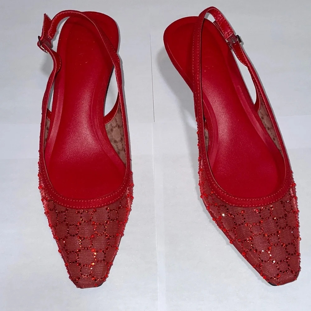 Cherry Red Slingback Square Toe Kitten Heels Size 7.5 - Picture 2 of 6